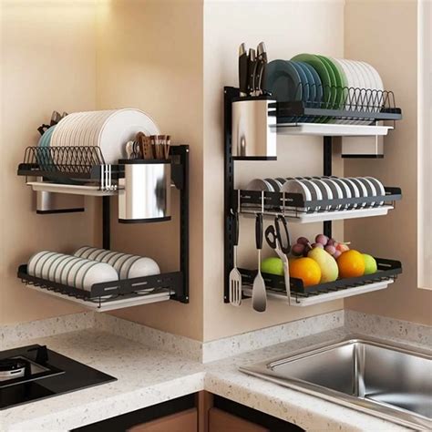 stainless steel kitchen cabinet wall mounted dish rack|wall mount kitchen utensil holder.